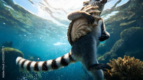 Ring tailed lemur swimming gracefully through clear turquoise ocean water while clutching a large seashell. Underwater wildlife exploration clip, high quality cinematic footage of rare sea adventure.