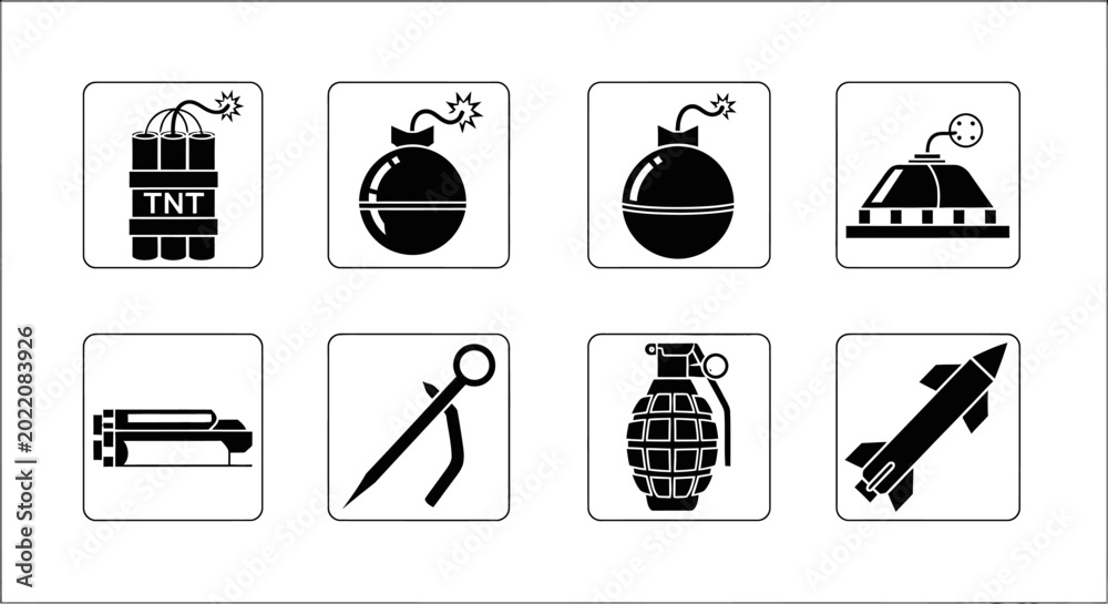 Naklejka premium Explosive Devices Icons Set: Dynamite, Bombs, Grenade, Rocket, Missile, Mine