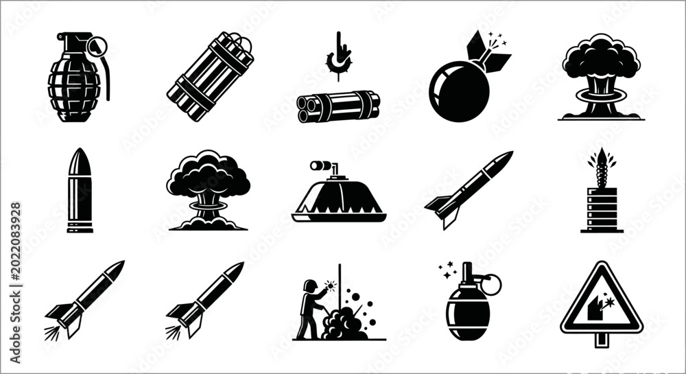 Fototapeta premium Explosive Weapons and Danger Icons Collection: Grenade, Dynamite, Bomb, Rocket, Mushroom Cloud