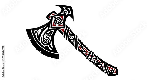 Schilderij op canvas Tribal Axe Tattoo Design, Viking Weapon, Ancient Warrior Tool Illustration