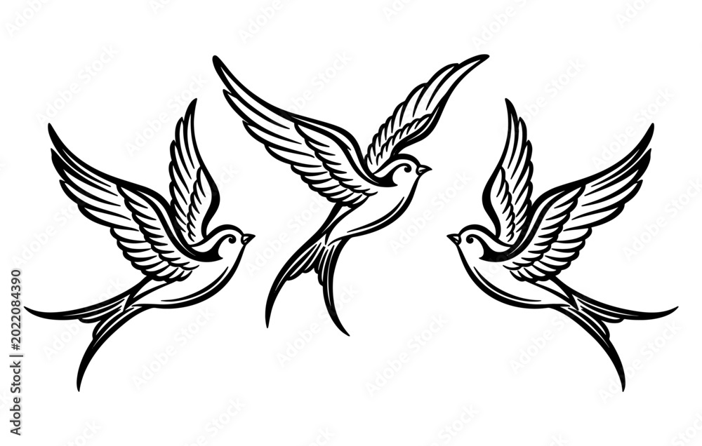 Fototapeta premium Three flying swallow birds in classical tattoo style isolated on white background for nature design.