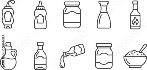 Foto Assortment of condiment bottles and jars in line art style on transparent background vector