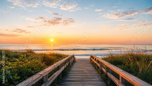 Sunset at the beach with wooden path