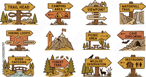 Tableau sur toile Wooden Hiking Trail Sign Set — Retro Outdoor Directional Signpost Collection wit