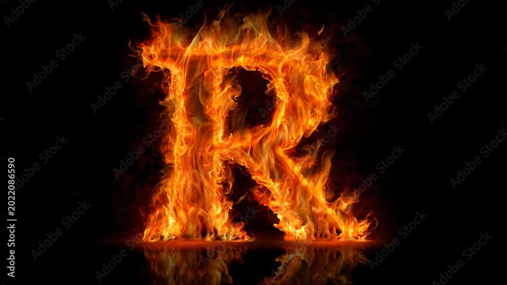 Fototapeta premium Fiery letter R engulfed in flames on black background