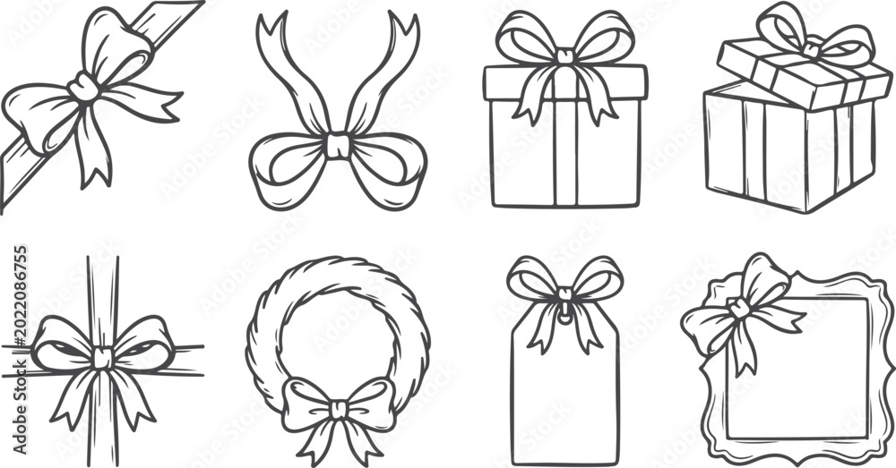 Fototapeta premium Gift wrapping elements in outline style bow ribbon gift box tag wreath on transparent background holiday decor.