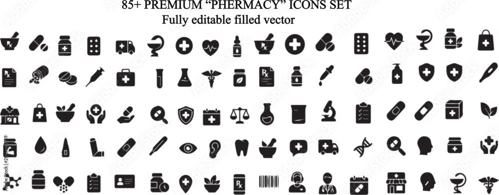 Fototapeta premium Professional Pharmacy Icons Set – Medical & Healthcare Vector Collection.Perfect for hospital apps, pharmacy websites, healthcare presentations, medicine packaging, UI/UX projects, infographics, & web