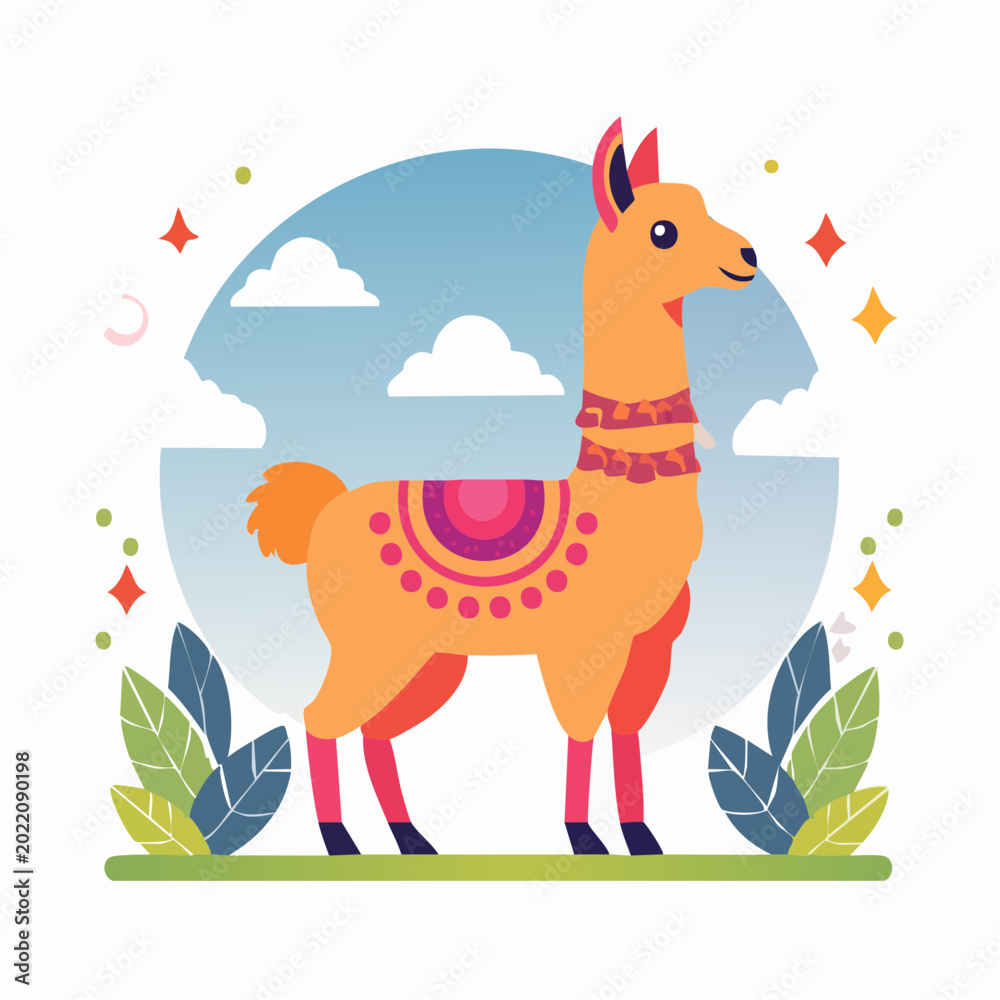 Fototapeta premium Cute Cartoon Llama Illustration with Colorful Decorations