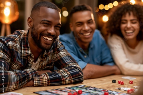 Diverse friends laughing enjoying board game night at home
