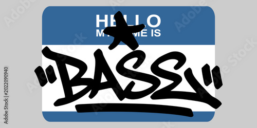 фотографія Black base graffiti tag lettering with star on blue hello name tag sticker