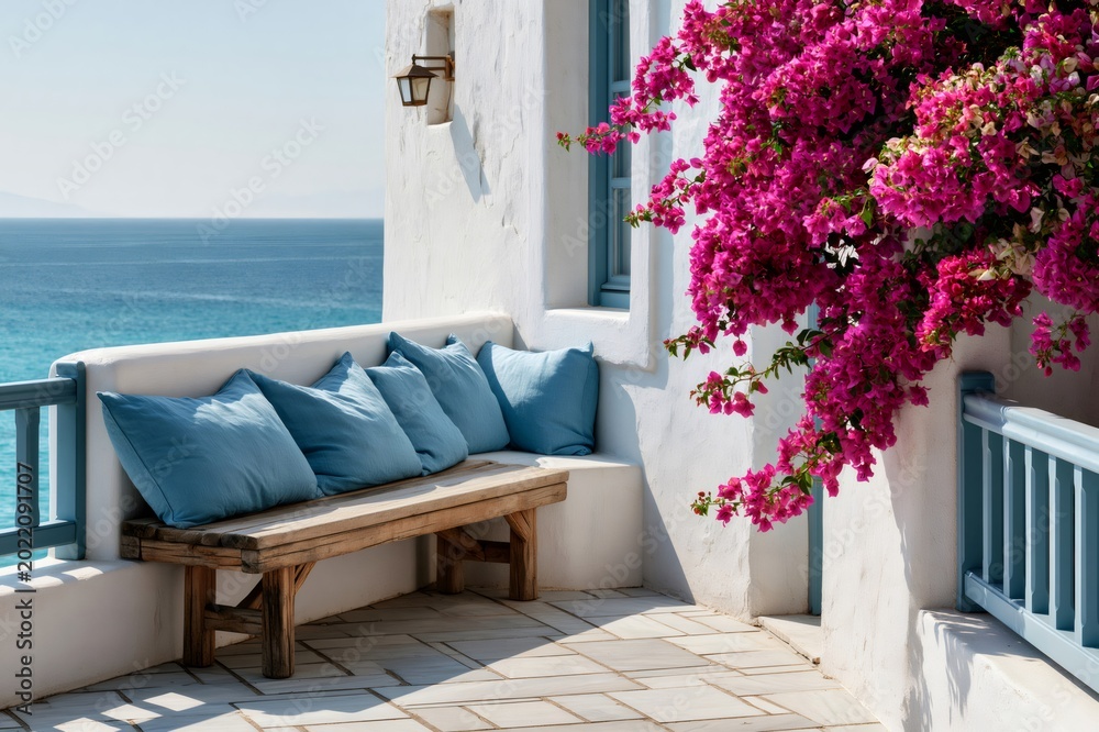 Fototapeta premium Greek island terrace with aegean sea view