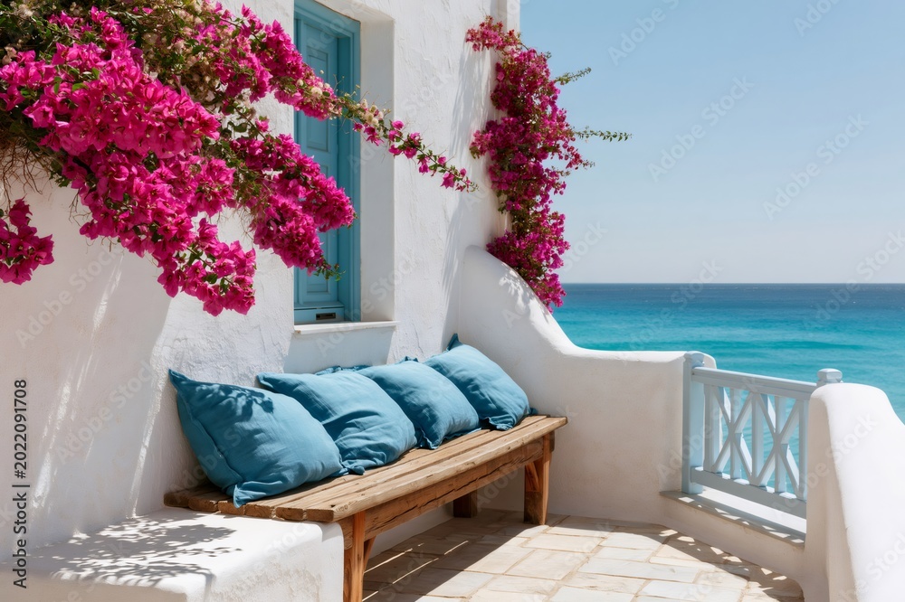 Fototapeta premium Aegean sea view balcony with bougainvillea and comfortable bench