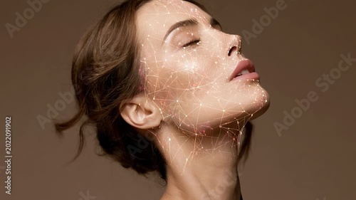Beauty in Profile: A serene woman with closed eyes, her face adorned with an intricate, glowing network of lines, suggesting enhanced radiance and a focus on wellness. 