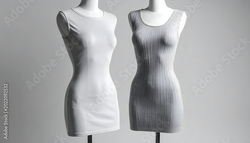 Knit top and matching bodycon skirt on a ghost mannequin showing detailed vertical ribbing and light on the grey ridges generative AI