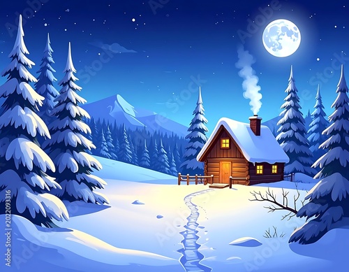 Snowy cabin in winter landscape scene.