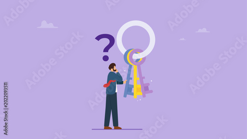 Businessman who is confused about choosing the correct key because he forgot his security key. Forgot passwords, account protection, ask questions concept.