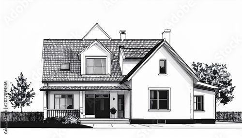 Minimalist black and white architectural property illustration with detailed line art