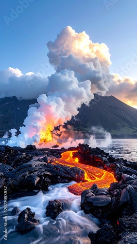 Volcanic eruption with lava and smoke.
