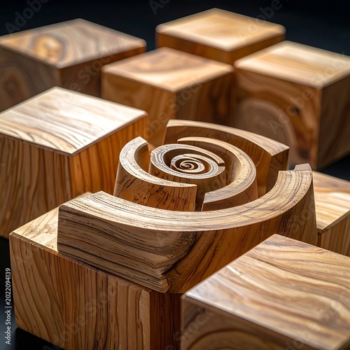 Wooden puzzle pieces with spiral design.
