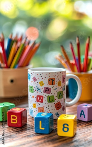 Colorful Alphabet Blocks and Pencil Holders on a Wooden Table with a Coffee Mug