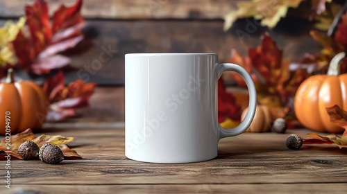 White Coffee Mug Surrounded by Autumn Leaves and Pumpkins on Rustic Wooden Table