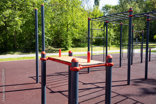 Foto An overview of a professional outdoor gym area with pull-up bars, ladders, and b