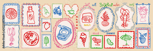 Summer beach vacation stamps in doodle sketch colorful style. Mediterranean holiday postal elements with lettering for postcard prints. Sea life vector illustrations for mail and stickers.