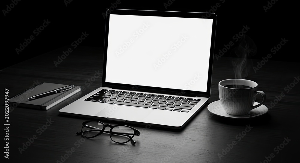 Fototapeta premium Laptop with blank screen on dark desk with coffee