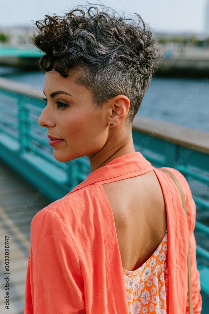 Fototapeta premium Elegant profile portrait of a woman with short curly hair in a coral jacket by the waterfront for branding and background design