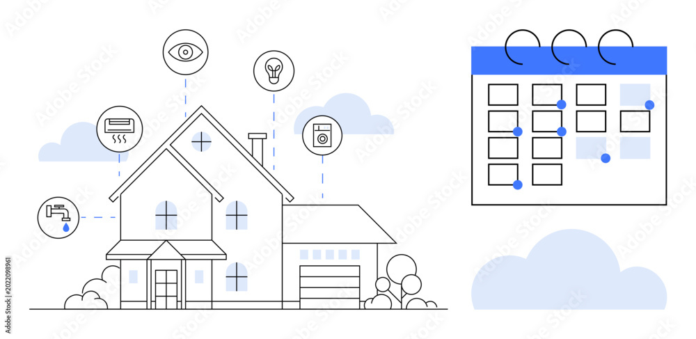 Fototapeta premium Smart home automation, energy efficiency, IoT system, remote control, home security, scheduling. House with connected devices and calendar. Smart home automation and energy efficiency concept