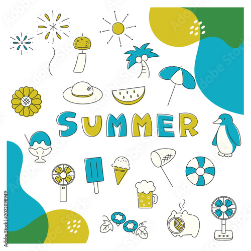 夏のイラストアイコン素材セット2色の手描き