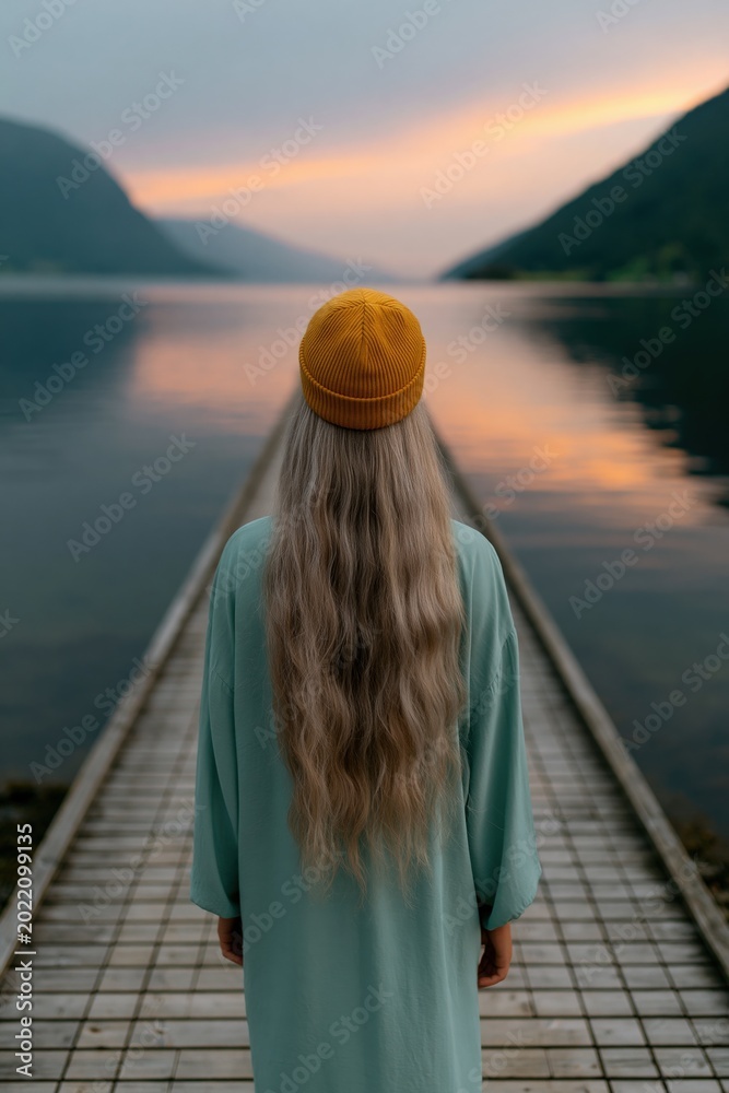 Obraz premium Back view of woman on dock at sunset overlooking lake and mountains for landscape wallpaper and travel background