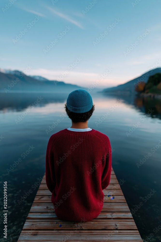 Obraz premium Person seated on a wooden dock watching a calm alpine lake at dusk with distant mountains for meditation background and wallpaper use