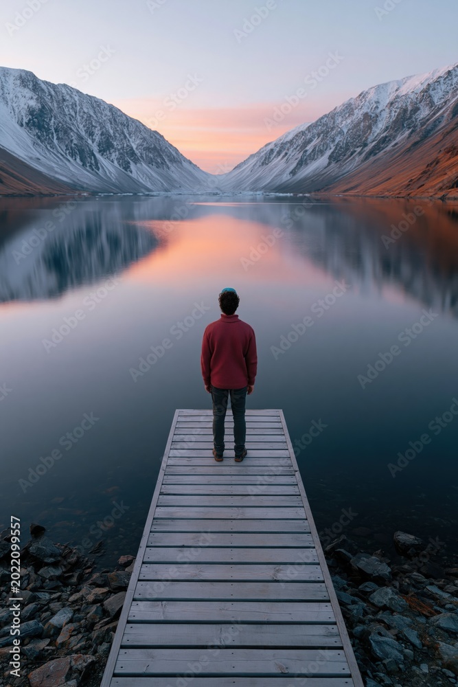 Fototapeta premium Solitary person on wooden dock at mountain lake sunrise reflection for calm landscape background and travel banner