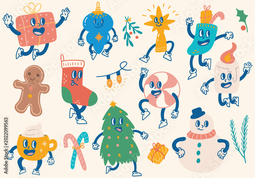 Retro christmas doodles with cute cartoon characters and holiday symbols in flat vintage style.