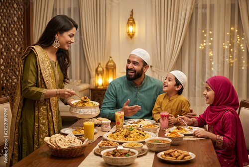 Muslim family Iftar dinner celebration with traditional food and festive lights