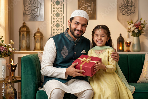 Muslim family celebrating Eid festival with traditional gift and lanterns