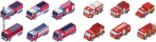 Tableau sur toile Different types of firefighting trucks in 3D isometric view set