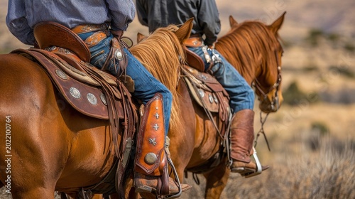 Cowboys riding horses outdoors with western saddles