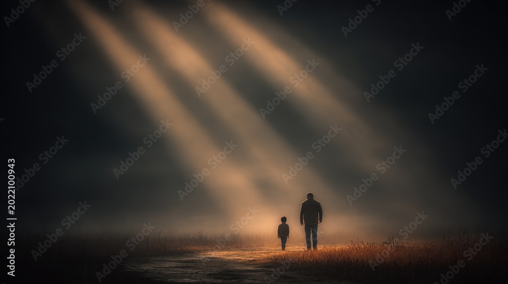 Fototapeta premium Father and Son Walking in the Misty Light