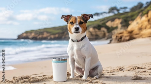 Happy Jack Russell Terrier sitting near a water bottle on the beach