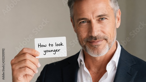 Confident Mature Man Holding Card with Anti Aging Concept Message
