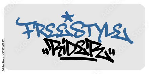 Foto Black freestyle rider graffiti tag lettering with star accent on blue background