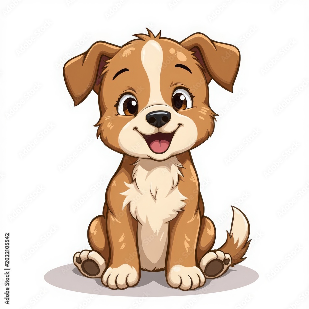 Obraz premium A cartoonish brown puppy with big eyes and a smile. Vector illustration on a white background. Character for children's design.