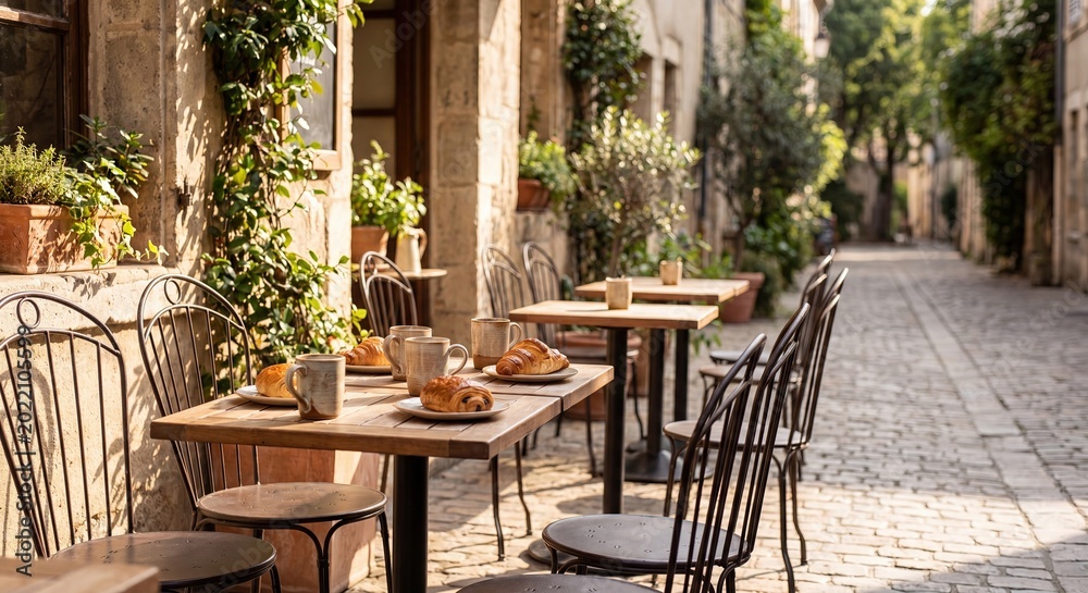 Fototapeta premium Charming outdoor cafe tables set with fresh croissants and coffee mugs on a sunlit cobblestone street in a quaint European old town, creating a tranquil morning scene.