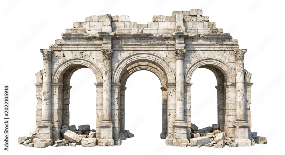 Obraz premium Ancient Roman Archway Ruins, Stone Arches, Broken Columns, Isolated on White Background