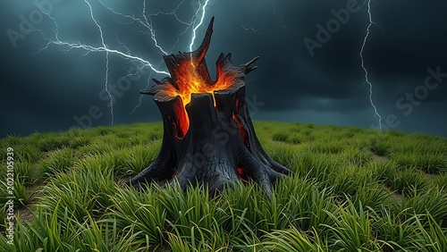 A charred tree trunk struck by lightning, bark shattered, grass flattened in a radial pattern.