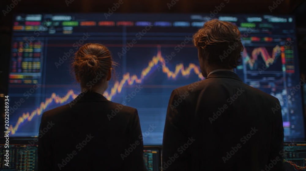 Fototapeta premium A professional female investment analyst and a male portfolio manager standing side by side with their backs to the camera, faces not visible, both intensely focused on a massive futuristic screen