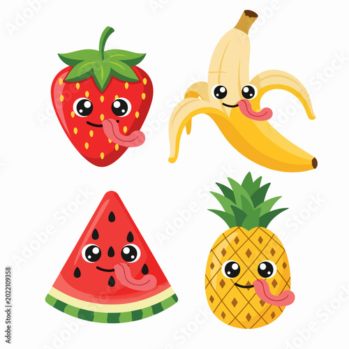 Tableau sur toile Sweet kawaii fruits showing goofy expressions perfect for cheerful colorful designs today