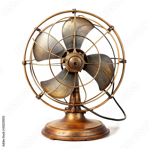 Vintage brass desk fan with metal blades isolated on white background in retro style